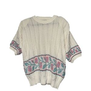 Cricket Lane Vintage Knit Sweater, Short Sleeves, Flowers, Size Large